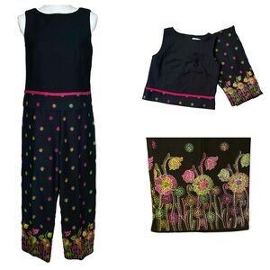 Vtg SHARON YOUNG Black Sleeveless Top/Crop Pant Set sz 8 100% Cotton Embroidered